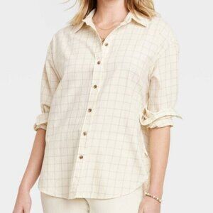 Universal Thread Long Sleeve Windowpane Grid Button-Down Shirt Cream Plaid XXL